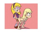 1girl 2_girls ass bent_over blonde_hair blush breasts carol_pingrey clothed clothed_female_nude_female clothing duo female_only grin hand_on_ass leni_loud looking_at_another nude nude the_loud_house thegatewaymeat twerking yuri