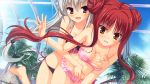  2girls bikini blush breast_grab breasts cleavage dracu-riot! elena_olegovna_owen elina_olegovna_owen fang game_cg gray_hair hair kobuichi long_hair multiple_girls muririn pool red_eyes red_hair side-tie_bikini swimsuit white_hair yarai_miu yellow_eyes yuzusoft 