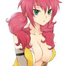 1girl arch_(artist) breasts cleavage feldt_grace green_eyes gundam gundam_00 lowres open_clothes open_shirt pink_hair plum_(arch) shirt simple_background solo twin_tails twintails white_background