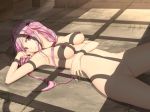 1girl armpits bare_shoulders big_breasts breasts guilty_crown hair_ornament hair_tubes hairclip kai_(link2262) large_breasts long_hair looking_at_viewer lying navel nipples no_pussy nude on_back pink_hair red_eyes solo underboob window_shade yuzuriha_inori