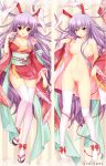  1girl :d animal_ears big_breasts blush bow breasts bunny_ears dakemakura-koubou dakimakura dodojune female japanese_clothes kimono large_breasts long_hair lying multiple_views nude obi open_clothes open_kimono open_mouth purple_hair pussy red_eyes reisen_udongein_inaba sandals sash short_kimono smile stockings tabi thighhighs touhou uncensored undressing v very_long_hair 