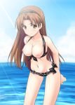  1girl amatsuka_hikaru baby_princess bare_breasts big_breasts bikini bikini_pull blush breasts breasts_outside brown_eyes brown_hair cleavage frilled_bikini frills front-tie_top hairband hikaru_(baby_princess) large_breasts leaning_forward light_rays long_hair masakichi_(crossroad) navel nipples smile solo sunbeam sunlight swimsuit water 