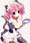 1girl amanagi_seiji animal_ears apron bad_id between_breasts black_legwear breasts cat_ears cat_tail chain chains checkered checkered_background cleavage collar dog_collar female_only holding inu_x_boku_ss maid maid_headdress milk pink_eyes pink_hair roromiya_karuta short_hair sitting solo_female stockings subaru_(insmode) tail twin_tails waist_apron wrist_cuffs