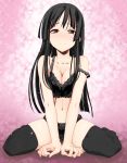 akiyama_mio black_bra black_hair black_legwear black_panties black_thighhighs blush bra breasts brown_eyes cleavage crying female fringe girl highres himura_kiseki k-on! lingerie long_hair long_image looking_at_viewer mio_akiyama off_shoulder panties sitting solo tall_image tears thighhighs underwear