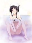 1girl akiyama_mio anus barefoot black_hair blue_eyes blush breasts censored feet fingering hair_up k-on! kaiga long_legs masturbation navel nipples nude pussy solo towel towel_on_head water