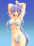  1girl ahoge armpits arms_up big_breasts bikini blue_eyes breasts cleavage grin groin heterochromia large_breasts lavolpe_(yagisaka_seto) long_hair lymon mound_of_venus navel original payot purple_eyes sidelocks silver_hair smile solo swimsuit underboob very_long_hair wet yagisaka_seto 