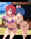  2girls ano_natsu_de_matteru arched_back art banner bare_legs bare_shoulders barefoot beach big_breasts bikini blue_eyes blue_hair breast_hold breasts cleavage female friends frilled_bikini frills from_behind front-tie_top glasses green_bikini green_swimsuit hair innertube kakuno kooribata large_breasts long_hair midriff multiple_girls navel nobori one_side_up open_mouth purple_bikini purple_eyes purple_swimsuit red_hair short_hair side-tie_bikini side_ponytail smile swimsuit takatsuki_ichika tanigawa_kanna thigh_gap thighs yuri 