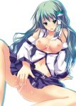 1girl breasts female green_eyes green_hair hair_ornament kochiya_sanae masturbation nipples no_panties pussy pussy_juice rikudou_inuhiko sanae_kochiya solo touhou