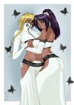  2girls arrancar ass bleach blonde_hair breasts cleavage cosplay dark-skinned_female dark_skin darkthewise espada female hollow huge_breasts multiple_girls ponytail potential_duplicate purple_hair shihouin_yoruichi smile tied_hair tier_harribel underboob yoruichi_shihouin 