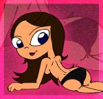  ass black_panties blue_eyes brown_hair disney lipstick long_hair looking_back panties phineas_and_ferb rayryan_(artist) red_lipstick solo topless underwear vanessa_doofenshmirtz 