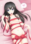  1girl black_hair blue_eyes breasts high_res highres kerasu long_hair lying mouth_hold naked_ribbon navel nude on_back original ribbon ricegnat solo 