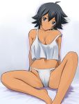 1girl antenna_hair bare_shoulders barefoot big_breasts black_hair blue_eyes breasts cleavage dark_skin female flapper_shirt fundoshi ikkitousen ikkitousen_dragon_destiny katatsuka_kouji large_breasts navel no_bra off_shoulder panties shirt short_hair side-tie_panties sitting solo spread_legs strap_slip string_panties ukitsu ukitsu_(ikkitousen) underwear