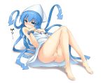  1girl barefoot blue_eyes blue_hair blush bracelet cum dobunezumi dress feet flat_chest hat ikamusume jewelry legs long_hair lying no_panties pussy pussy_juice shinryaku!_ikamusume solo tentacle tentacle_hair tentacles uncensored wet_anus wet_pussy 