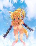 1girl animal_ears blonde_hair breasts cloud dog_days elbow_gloves fingerless_gloves fox_ears fox_tail gloves green_eyes hanging_breasts leaning_forward nipples nude open_mouth paint_splatter ponytail salmonpink sky smile solo splash splashing tail water yukikaze_panettone