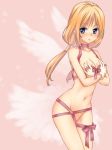  1girl belly blonde_hair blue_eyes blush breasts covering covering_breasts gloves hair hips kawagoe_pochi long_hair low-tied_long_hair midriff naked_ribbon navel nude nude_cover ragnarok_online ribbon solo twin_tails twintails wanderer wings 