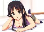  1girl akiyama_mio bed black_eyes black_hair breasts casual cleavage diesel-turbo down_blouse downblouse footwear k-on! leg_lift leg_up long_hair lying on_stomach perspective pillow purple_eyes socks solo tank_top 