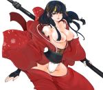  1girl black_hair breasts copyright_request fingerless_gloves fundoshi gloves hair_ornament hair_tubes kazaana lips long_hair nipples simple_background solo topless white_background 