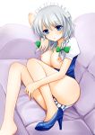  1girl bare_legs barefoot blue_eyes blush braid breasts breasts_outside couch female head_rest high_heels izayoi_sakuya leaning maid maid_headdress nikoo nipples panties sakuya_izayoi shoes short_hair silver_hair single_shoe solo striped striped_panties touhou twin_braids underwear 