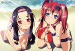 blue_eyes blue_hair high_res hyakka_ryouran_samurai_girls long_hair multiple_girls open_mouth red_eyes red_hair sanada_yukimura_(hyakka_ryouran) swimsuit yagyuu_juubei_(hyakka_ryouran)