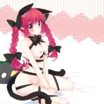 1girl animal_ears bare_shoulders blush braid breasts cat_ears cat_tail female groin kaenbyou_rin long_hair mao_(alepricos) mound_of_venus naked_ribbon nipples nude red_eyes red_hair reiuji_utsuho reiuji_utsuho_(bird) ribbon rin_kaenbyou solo stuffed_animal stuffed_toy tail touhou twin_braids