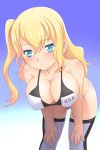 1girl big_breasts bikini blonde_hair blue_eyes breasts cleavage large_breasts long_hair meow_(nekodenki) original solo stockings swimsuit thighhighs