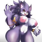 1girl 1girl anthro belladonna_(trials_of_mana) big_breasts breasts claws curvaceous curvy_figure domestic_cat felid feline felis fur furry genitals high_res mammal nipples nude purple_body purple_fur pussy simple_background thecon thick_thighs trials_of_mana voluptuous white_background wide_hips