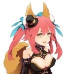 1girl :3 animal_ears bare_shoulders bow breasts caster_(fate/extra) cleavage cleavage_cutout detached_sleeves detteyu fang fate/extra fate/extra_ccc fate_(series) fox_ears fox_tail hair_bow hair_ribbon hat high_res highres long_hair mini_top_hat pink_hair ribbon simple_background solo tail top_hat twin_tails twintails white_background yellow_eyes