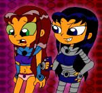 alien black_hair blackfire embarrassing fingerless_gloves frilly_panties funny gloves green_eyes long_hair looking_down orange_skin panties pink_panties prank print_panties purple_eyes rayryan_(artist) red_hair smile starfire surprise teen_titans underwear