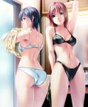  2_girls 2girls armpits arms_up ass back bare_shoulders black_bra black_panties blue_eyes blue_hair bra breasts female_only lingerie lips long_hair looking_back multiple_girls navel original panties red_hair rezi short_hair underwear underwear_only undressing 