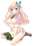 1girl big_breasts blonde_hair blue_eyes blush boku_wa_tomodachi_ga_sukunai breast_hold breasts butterfly_hair_ornament censored crossed_arms footwear hair_ornament inugahora_an kashiwazaki_sena lace-trimmed_panties large_breasts legs long_hair miniskirt neck_tie necktie novelty_censor open_clothes open_shirt panties pink_panties plaid plaid_skirt school_uniform shirt side-tie_panties sitting skirt smile socks solo thighs underwear