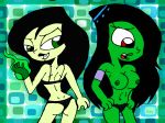 black_hair black_panties bracelet breasts crossover desiree disney embarrassing funny ghost green_eyes green_skin kim_possible lipstick looking_back looking_down nipples panties prank rayryan_(artist) red_eyes shego smile surprise topless underwear wardrobe_malfunction