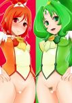  2girls @ma akane_hino blush bottomless breasts censored circlet cure_march cure_sunny gloves green_eyes green_hair hair hand_on_hip heart hino_akane long_hair multiple_girls nao_midorikawa no_panties open_mouth orange_hair precure pretty_cure pubic_hair pussy red_eyes smile smile_precure smile_precure! tomatto_(@ma!) 