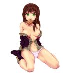 1girl absurd_res absurdres bad_id bare_shoulders breasts brown_hair chocolate green_eyes happy_birthday high_res highres long_hair mouth_hold nipples off_shoulder panties setsuko_ohara simple_background sitting solo st_on super_robot_wars super_robot_wars_z thighs underwear wariza white_background