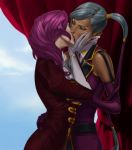 2girls banned_artist closed_eyes code_geass cornelia_li_britannia couple dark_skin fugi_jis gloves hair kiss lesbian lips multiple_girls mutual_yuri purple_hair silver_hair textless villetta_nu yuri