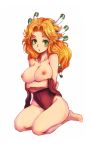  1girl :o bad_id bare_shoulders barefoot big_breasts blonde_hair breast_hold breasts color_(artist) green_eyes hair hair_tubes heroine huge_breasts imu imu_(lom) kara_(color) large_breasts legend_of_mana long_hair nipples seiken_densetsu sitting solo topless 