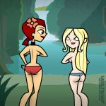 ass bikini black_eyes blonde_hair blue_eyes breasts dawn_(tdi) ear_piercing earrings flower jewelry lipstick long_hair piercing red_hair red_lipstick short_hair total_drama_island twin_tails vaultman water waterfall zoey_(tdi)