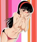 1girl abs adjusting_glasses amagi_yukiko atlus black_eyes black_hair black_panties breasts female glasses hair_ornament hairband hands_on_own_face long_hair navel panties persona persona_4 red-framed_glasses red_panties smile solo suta_furachina toned topless underwear