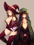  2girls artdink breasts brown_hair cressida_obdilord deneb_rhode deneb_rove elbow_gloves gloves hair hat headgear jewelry kara_(color) legs long_hair long_legs multiple_girls necklace necromancer panties robe stockings tactics_ogre thighhighs thighs underwear witch_hat 