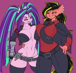 1girl absurd_res anthro aria_blaze_(eg) armor belt breasts cleavage clothed clothing duo ear_piercing elzzombie equestria_girls equid equine eyewear fan_character furry gauntlets gloves hair hand_on_hip handwear hasbro helltaker high_gear_(oc) high_res horse long_hair long_pigtails mammal my_little_pony neck_tie panties piercing pigtails pony suit sunglasses thong underwear