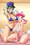 2_girls 2girls alluring armpit big_breasts blue_bra blue_eyes blue_panties bra condom eyebrows_visible_through_hair female_human female_only gloves hair_rings holding_condom human joy_(pokemon) junsaa_(pokemon) looking_at_viewer mostly_nude nurse nurse_cap nurse_joy officer_jenny panties pink_hair pokemon red_cross sano-br side-tie_panties underwear white_bra white_gloves white_panties