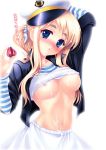 1girl :o areola areola_slip areolae arm_up bad_id big_breasts blonde_hair blue_eyes blush breasts cum cum_on_body cum_on_breasts cum_on_hair cum_on_upper_body eyebrows facial food fruit hat head_tilt k-on! kotobuki_tsumugi large_breasts listen!! long_hair midriff miiru navel nipples no_bra peaked_cap perky_breasts shirt_lift shirt_up sleeves_rolled_up solo strawberry translated underboob