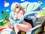 1boy 1girl ass bare_shoulders big_breasts blonde_hair blue_eyes bottomless breasts bursting_breasts car cleavage crown dress dress_lift hair_over_one_eye hat kanisaka lakitu large_breasts legs long_hair luigi mario_(series) mario_kart motor_vehicle nintendo no_nose no_panties princess_rosalina racing rosetta_(mario) super_mario_bros. super_mario_galaxy thighs vehicle warp_pipe wind wind_lift yoshi