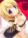 1girl aoyagi_mashiro blonde_hair blue_eyes blush breasts chemise cleavage hair_twirling k-on! kotobuki_tsumugi lingerie long_hair looking_up negligee r_aoyagi ribbon smile solo underwear