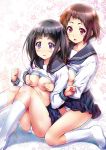 2girls black_hair blush bra breast_grab breasts brown_hair chitanda_eru covering covering_breasts female grabbing hair hyouka ibara_mayaka kashi lingerie long_legs looking_at_viewer multiple_girls panties red_eyes school_uniform serafuku shirt_lift short_hair skirt socks striped striped_panties surprised underwear white_legwear white_panties yuri