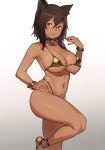 1girl animal_ears bangs bare_shoulders bastet_(houtengeki) big_breasts bikini blush bracelet breasts brown_hair cat_ears choker dark-skinned_female dark_skin finger_to_mouth hair_between_eyes hand_on_hip highleg highleg_bikini highleg_swimsuit houtengeki jewelry large_*breasts large_breasts leg_lift legs looking_at_viewer micro_bikini navel necklace open_mouth original red_eyes short_hair simple_background swimsuit thighs