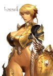  1girl armor big_breasts blonde blonde_hair bottomless breasts copyright_name female_only golden_armor highres human hume lineage lineage_2 lineage_ii looking_at_viewer no_panties parted_lips pubic_hair pussy_hair rennes shield short_hair simple_background slender_waist solo thigh_gap uncensored 