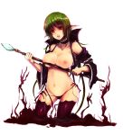 1girl breast_press breasts color_(artist) green_hair kara_(color) long_hair nipples open_clothes original pointy_ears solo staff stockings thighhighs tongue