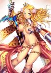  1girl armor bare_shoulders big_breasts bikini_armor blonde_hair blue_eyes breasts cleavage code_of_princess crown flower gauntlets hair_flower hair_ornament huge_weapon kara_(color) large_breasts long_hair navel panties solange solange_blanchefleur_de_luxe solo sword underwear weapon white_background white_panties 