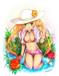 1girl :d aqua_eyes barefoot bikini blonde_hair blue_eyes bracelet breasts character_request cleavage cordelia_glauca flower hat hibiscus high_res highres jewelry kara_(color) kneel kneeling long_hair necklace open_clothes open_mouth open_shirt sarong shirt side-tie_bikini smile solo strap_gap sun_hat swimsuit tantei_opera_milky_holmes thigh_gap twin_tails twintails watch wristwatch