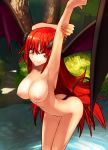 1girl armpits arms_up bent_over big_breasts breasts chirigami-san demon_girl demon_tail demon_wings female grass horns large_breasts leaning_forward long_hair looking_at_viewer monster_girl nipples nude orange_eyes original outdoors red_eyes red_hair smile solo standing stretch tail tree very_long_hair water wings